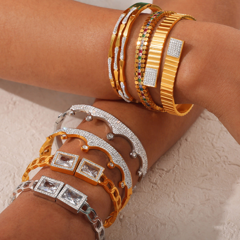 18K gold plated & silver geometric zircon bangle set, layered on wrist, retro niche statement jewelry