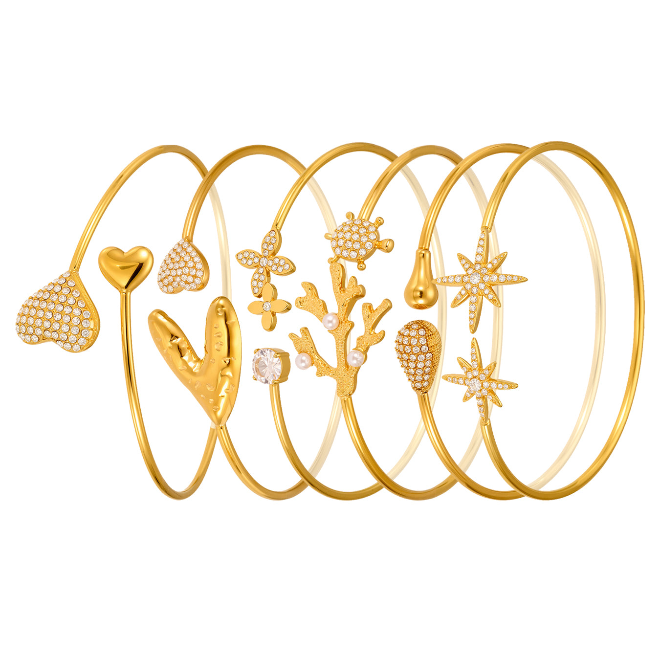 18k gold plated 5A zircon heart star bangle set collection, versatile cuff bracelet white background