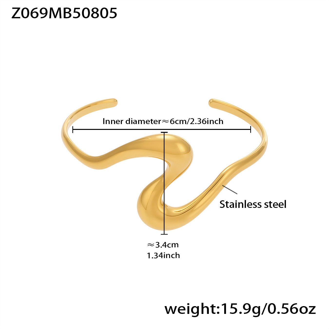 Gold 18k gold plated bold curved open bangle: Z-curve design 6cm inner diameter 15.9g weight