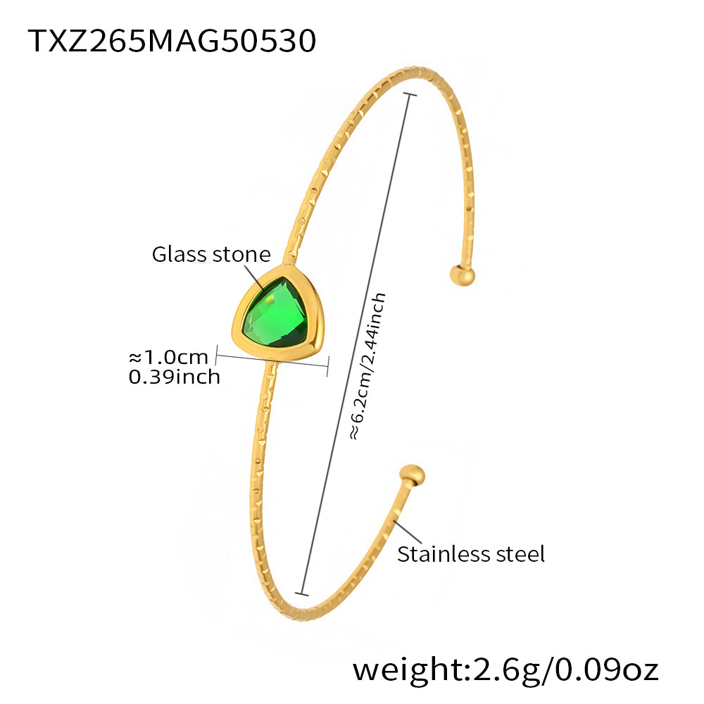 Green 18k gold plated cut Czech glass open bangle: lightweight 2.6g comfortable wear