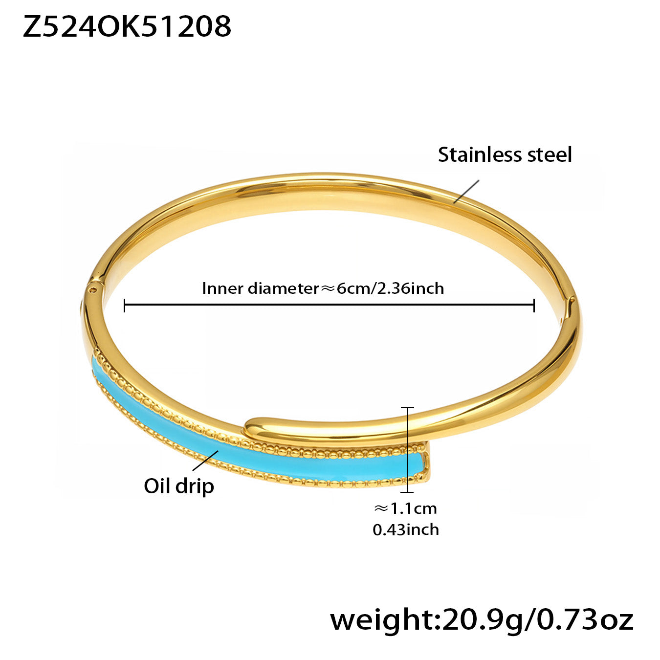 Gold 18k gold plated enamel clasp bangle: blue oil drip 6cm inner diameter 20.9g weight