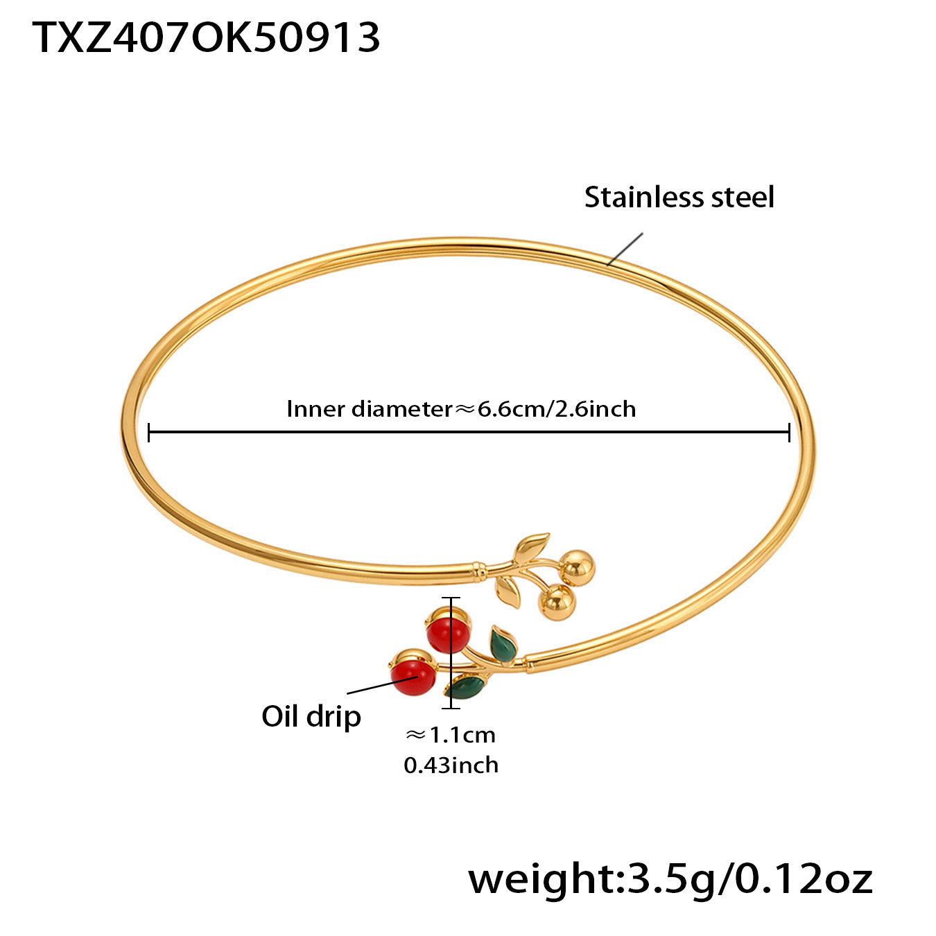 Gold 18k gold plated enamel red cherry zircon bangle: 6.6cm inner diameter 3.5g weight