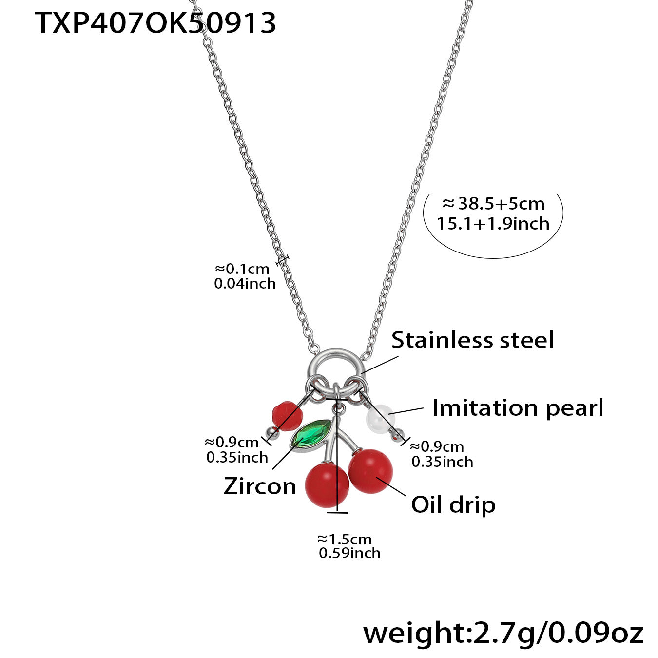 Silver 18k gold plated enamel red cherry zircon necklace: 38.5+5cm length 2.7g weight