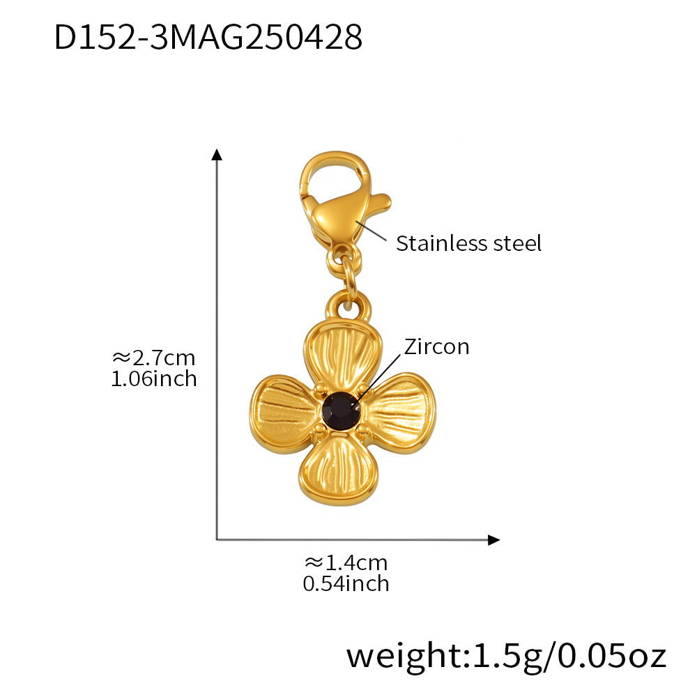 18k gold plated four-leaf clover charm with black zircon: 2.7cm length 1.5g weight, stainless steel lobster clasp for DIY jewelry