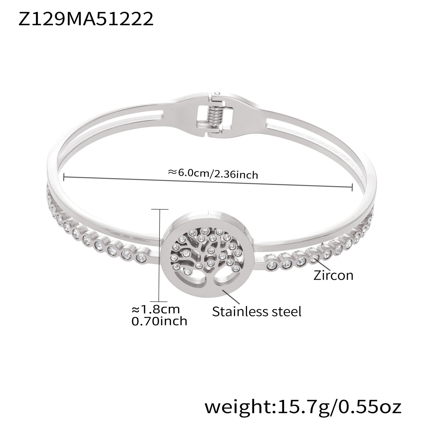 Silver 18k gold plated irregular geometric bangle: zircon tree of life 6.0cm inner diameter 15.7g weight