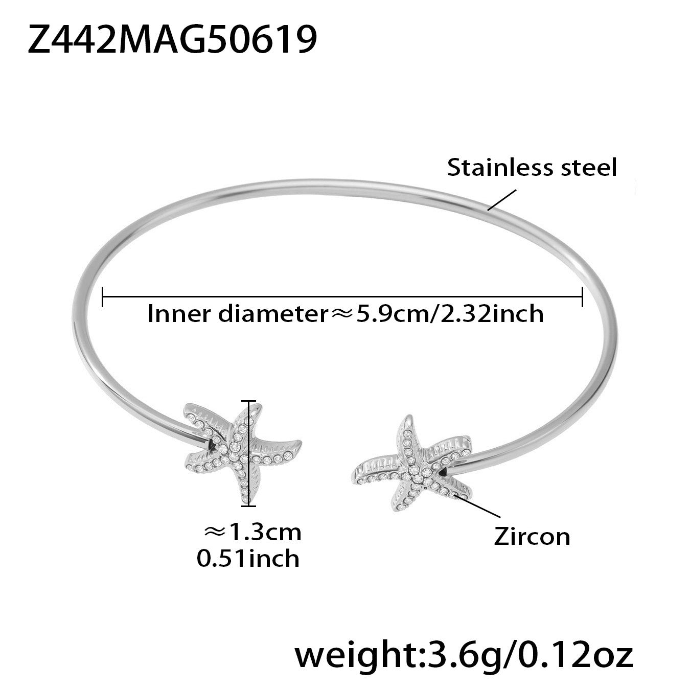 Silver 18k gold plated ocean 5A zircon bangle: starfish design 5.9cm inner diameter 3.6g weight