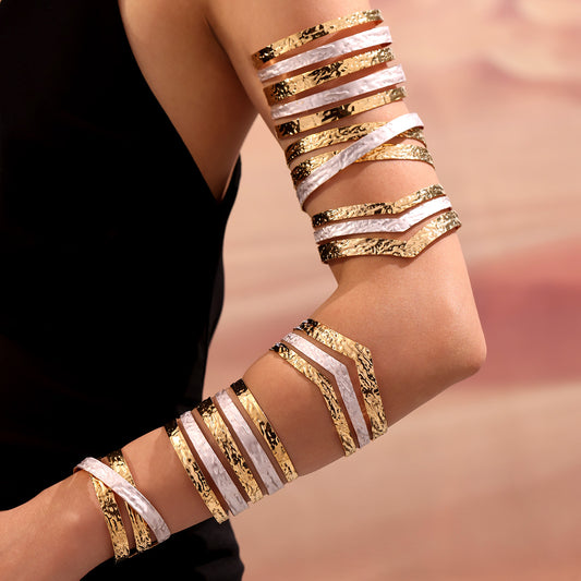 Stacked 18k gold plated oil drop color block open bangle arm cuff on arm, stylish jewelry