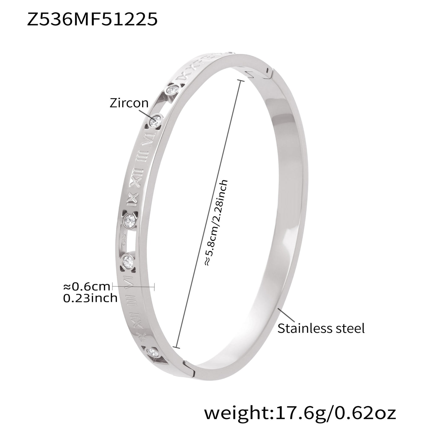 Silver 18k gold plated stainless steel roman numeral zircon bangle: 5.8cm inner diameter 17.6g weight