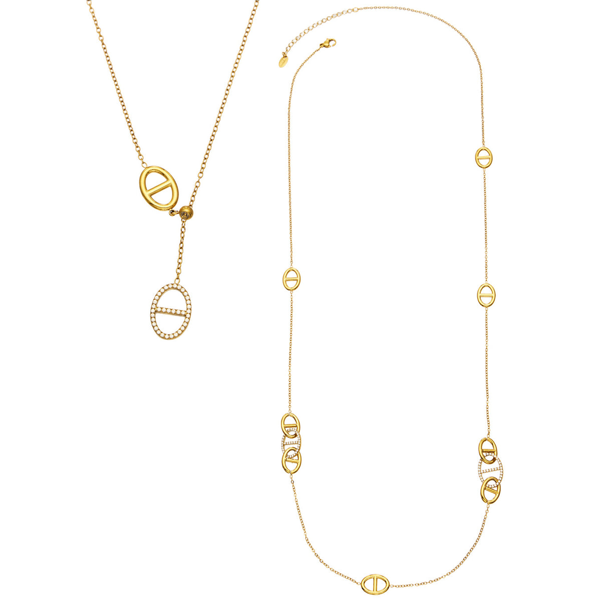 18K gold plated stainless steel geometric link necklaces showing Y necklace and long necklace designs