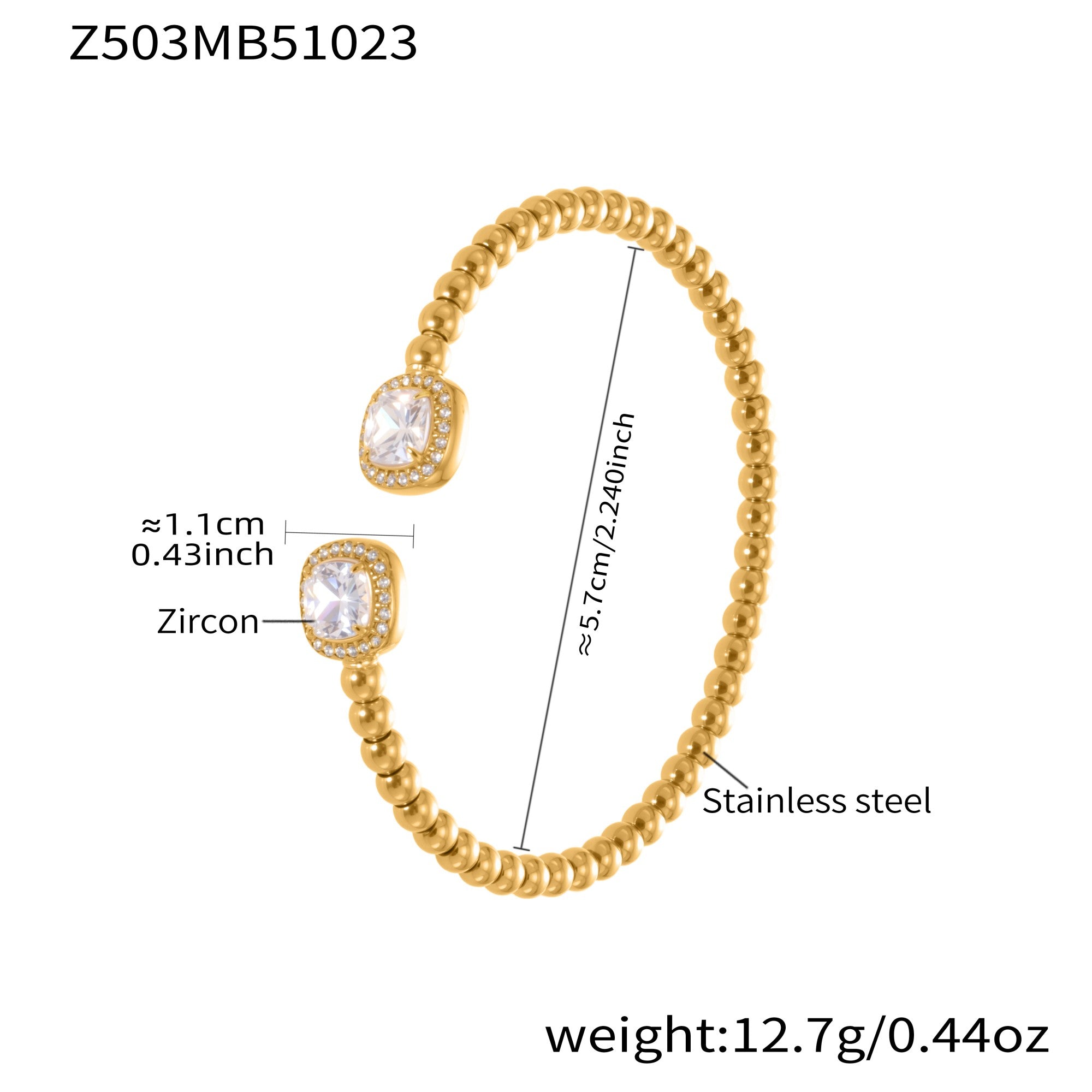 18k gold plated stainless steel square zircon beaded cuff bracelet spec view, 5.7cm diameter, 12.7g weight