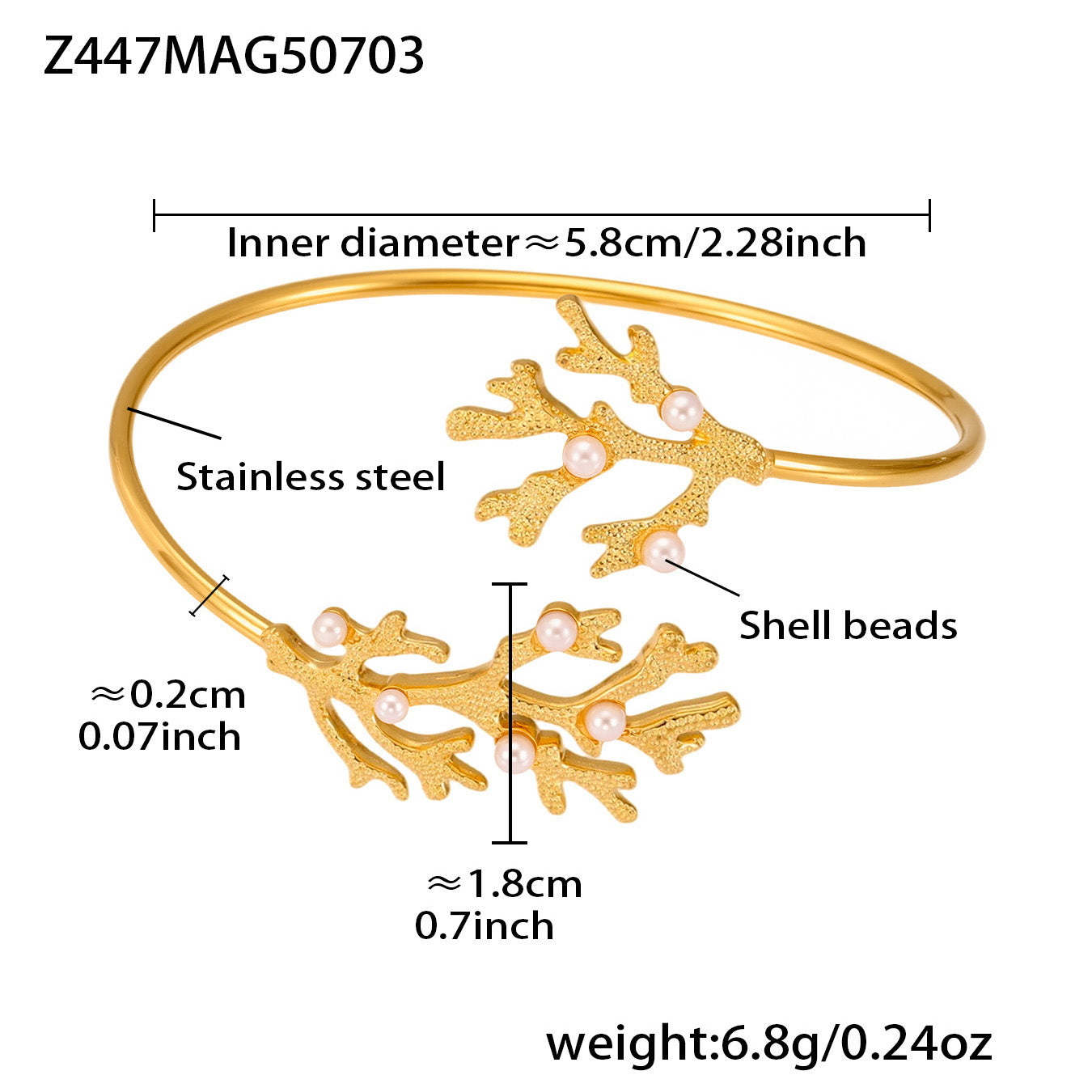 Gold 18k gold plated coral pearl cuff bangle: 5.8cm inner diameter 6.8g weight