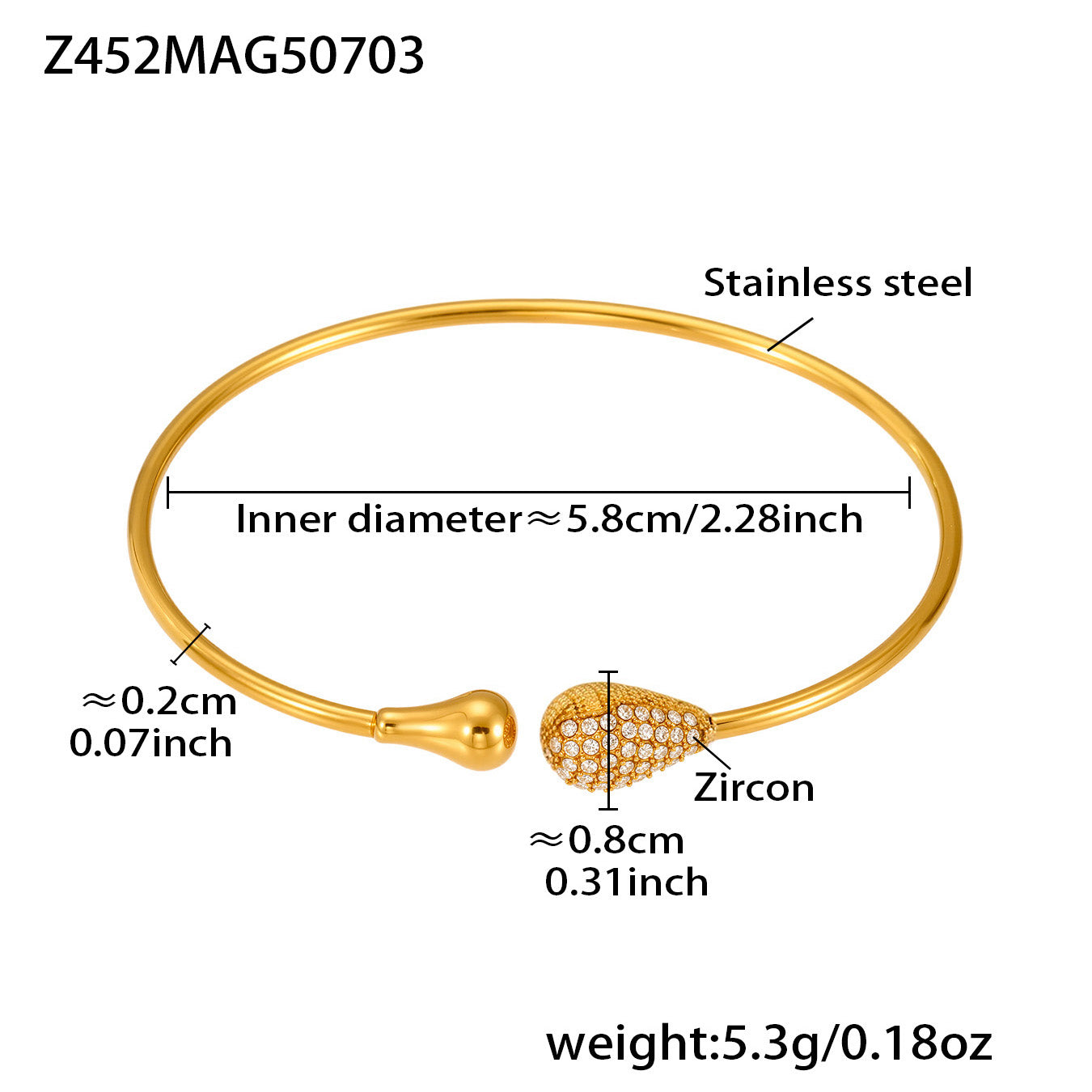 Gold 18k gold plated zircon drop cuff bangle: 5.8cm inner diameter 5.3g weight