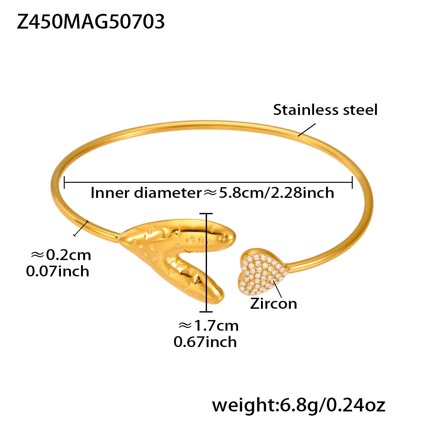 Gold 18k gold plated fin heart zircon cuff bangle: 5.8cm inner diameter 6.8g weight