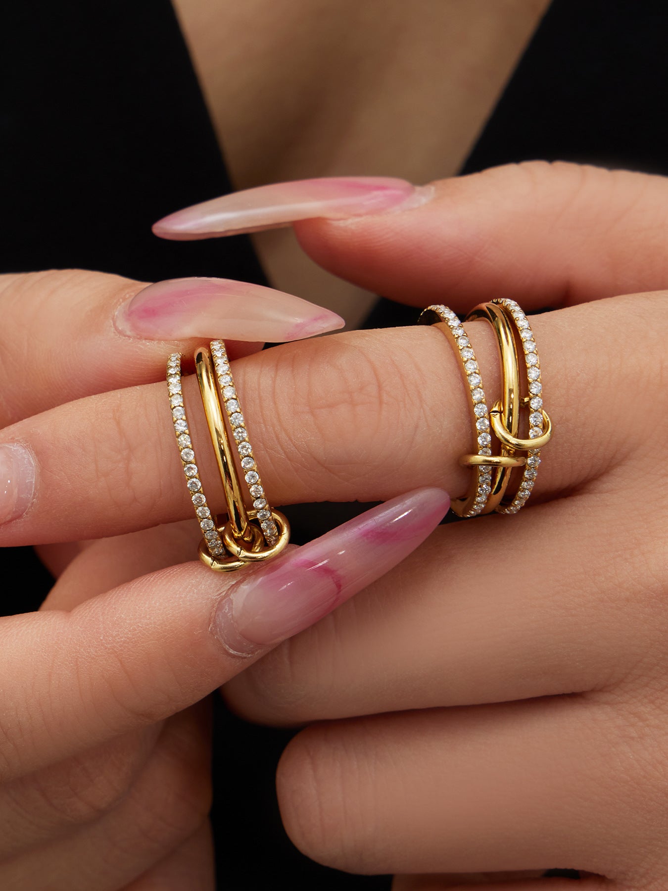 18K gold PVD stainless steel lock and key stacked ring with 5A zircon pave worn on finger