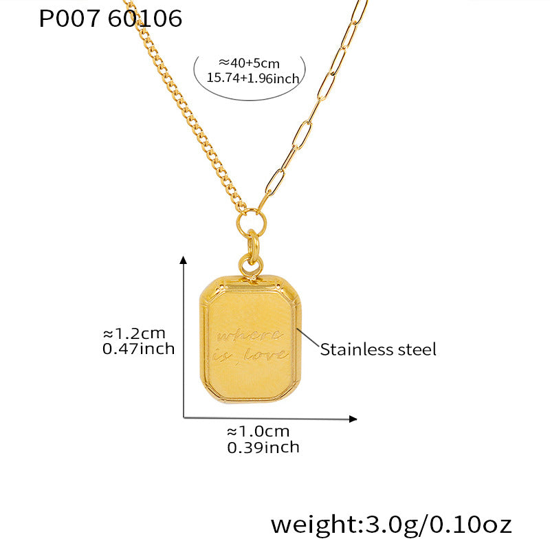 Gold tone 316L stainless steel necklace with "where is love" engraved tag pendant, size chart showing dimensions, length and weight details