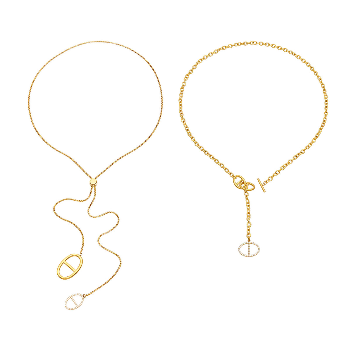 18K gold PVD stainless steel zircon toggle and long lariat necklace collection in two lengths