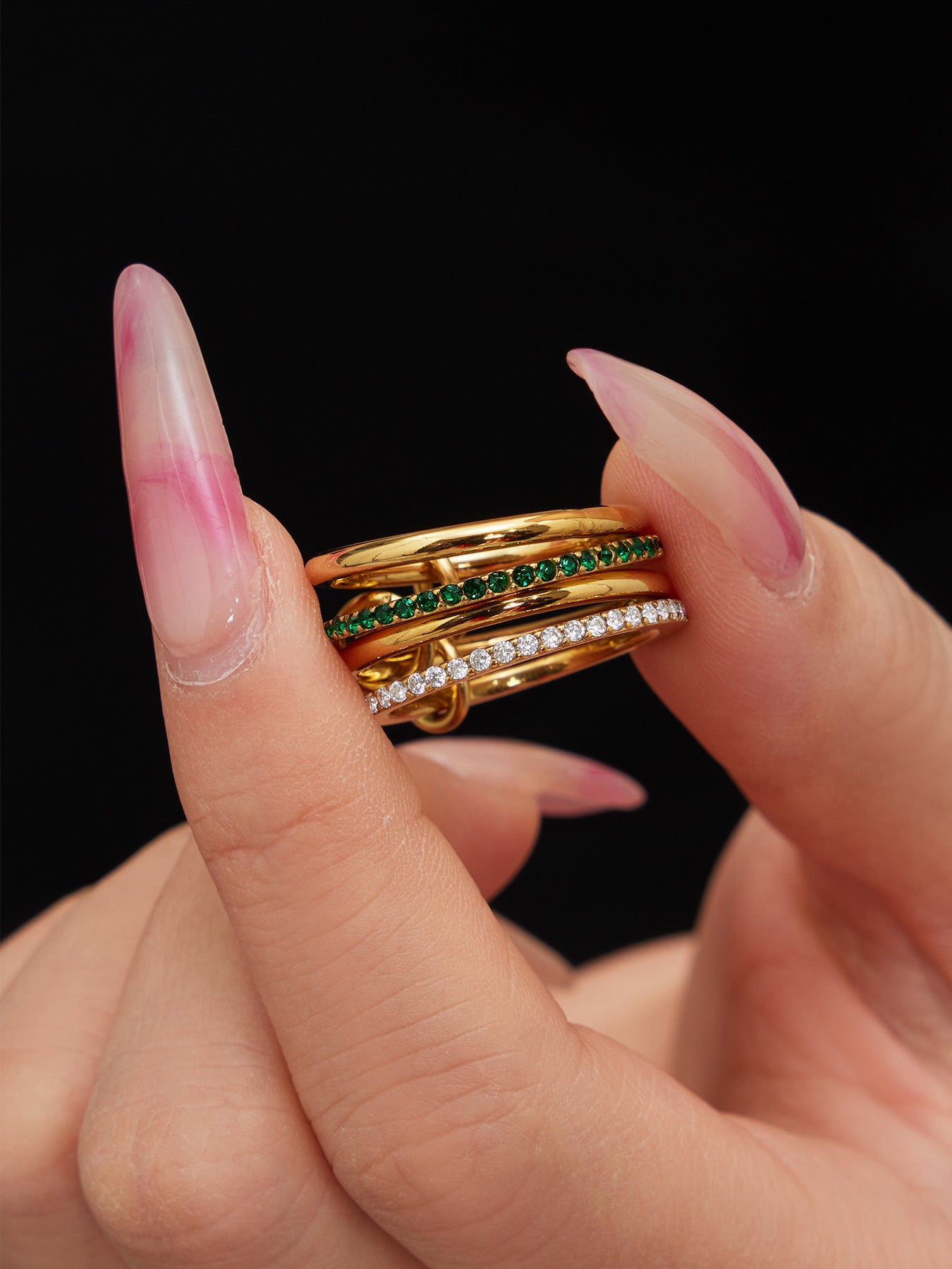18K gold PVD stainless steel lock and key stacked ring with green and clear 5A zircon pave