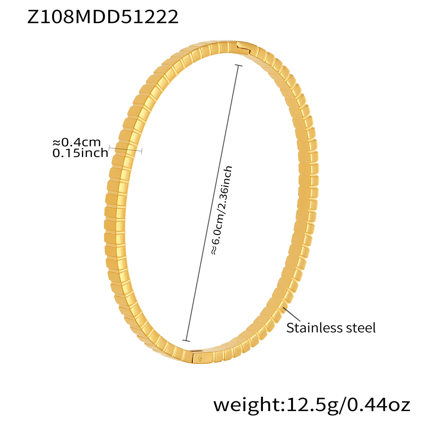 18K gold plated stainless steel textured plain bangle spec view, inner diameter 6.0cm, weight 12.5g