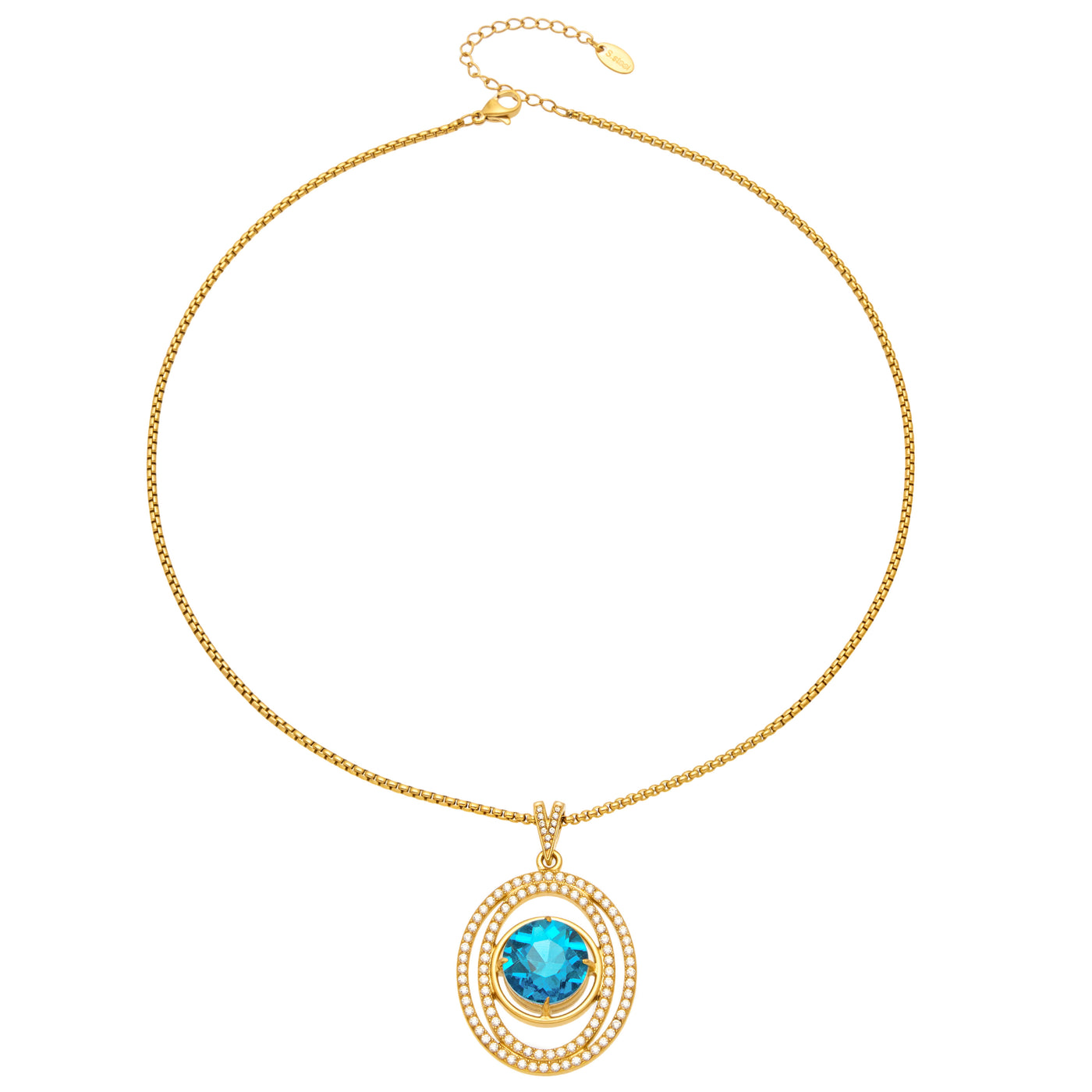 Blue faceted glass double-halo pendant necklace in 18K gold-plated 316 stainless steel on a white background