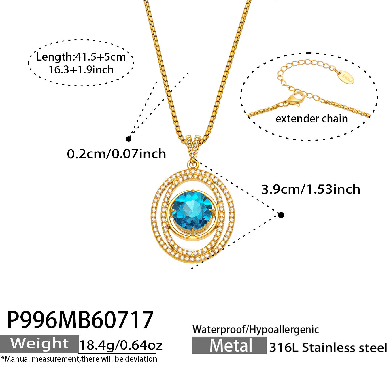 Size guide for the blue glass halo pendant necklace with chain and pendant measurements