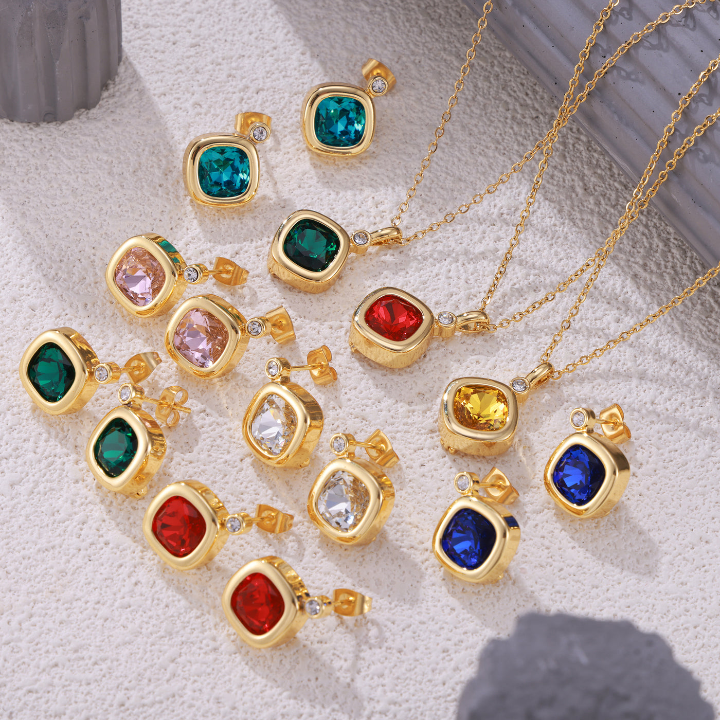 316L Stainless Steel 18K PVD Gold Colorful Zircon Earrings and Necklace Collection made with 316L stainless steel and 18K PVD gold finish for wholesale jewelry buyers - image 23