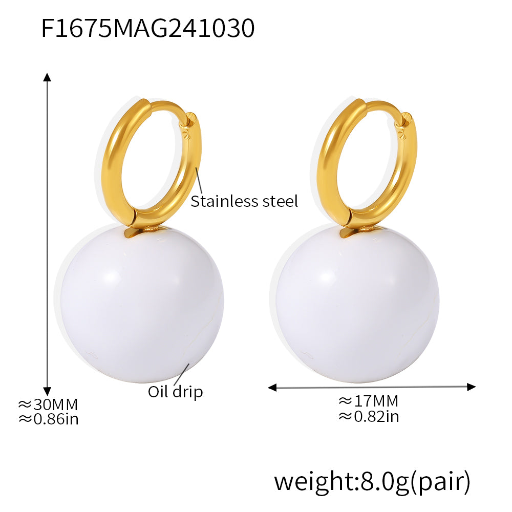 Size guide for white ball drop earrings with gold-tone hoops