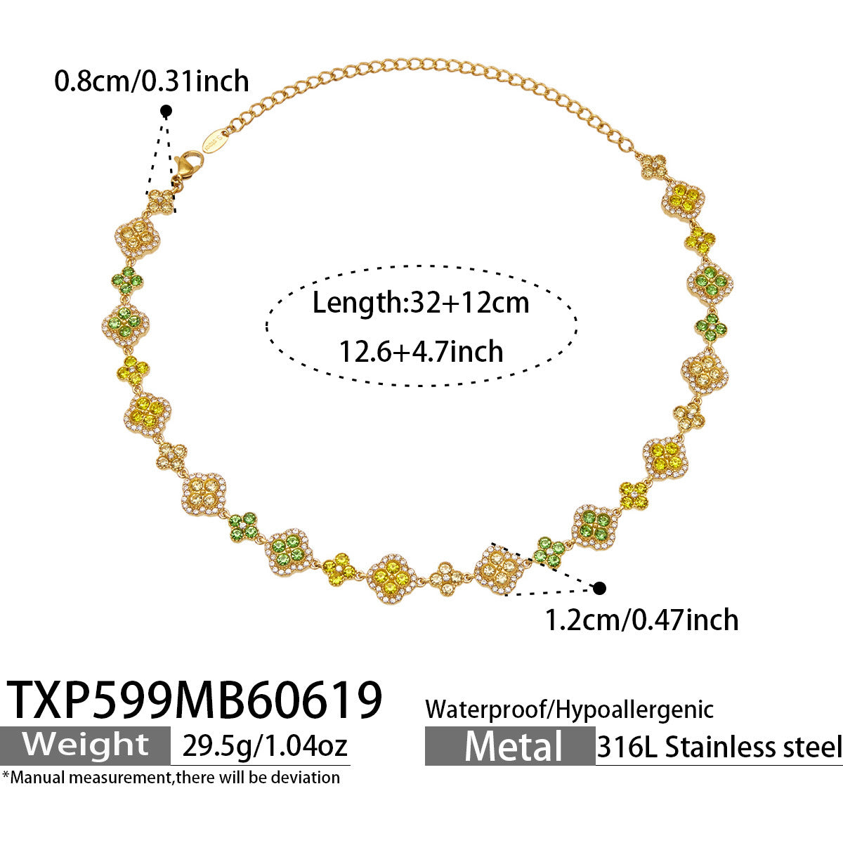 316L Stainless Steel 18K Gold PVD Full Zircon Four Leaf Clover Jewelry Set - Four Leaf Clover Full Zircon Luxury Gold Jewelry Colorful Zircon Necklace Bracelet Earrings Wholesale Stainless Steel Jewelry - Sensitive Skin Friendly - Detail 46