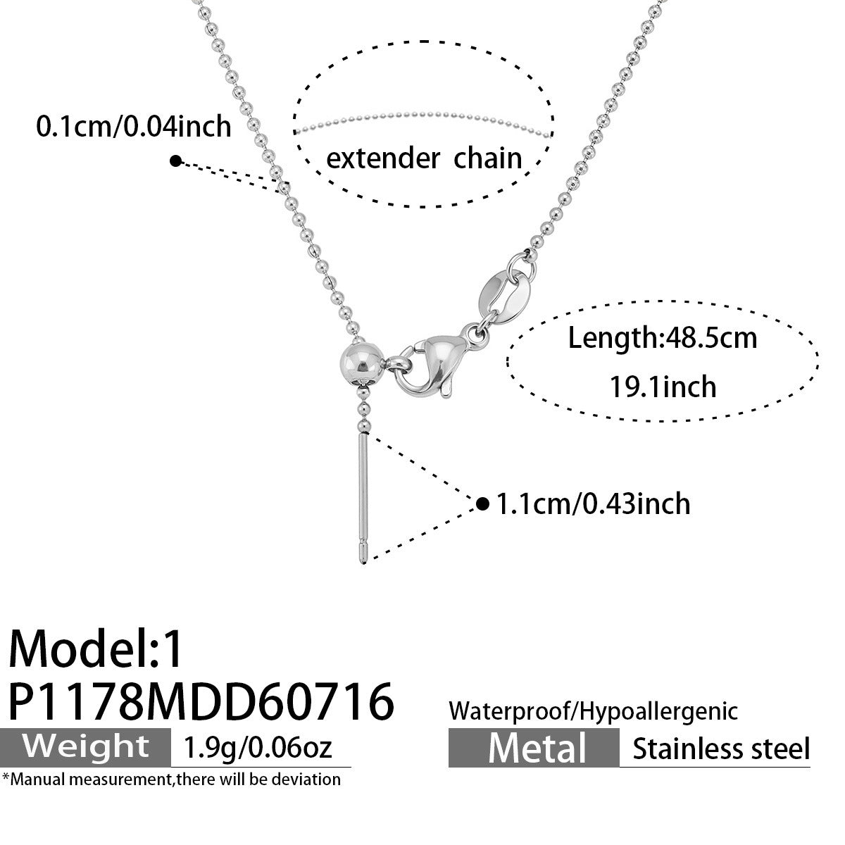Steel bead chain DIY letter charm necklace base in 316 stainless steel with extender chain, 48.5 cm length and 1.1 cm loading bar