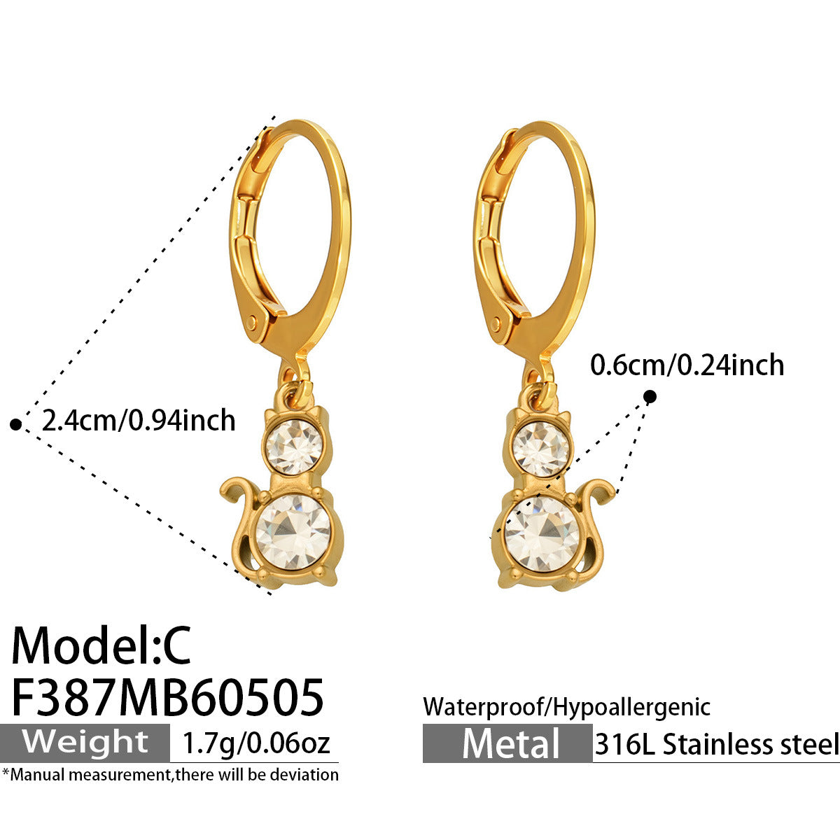 316L Stainless Steel 18K Gold PVD Cat Ear Zircon Earrings