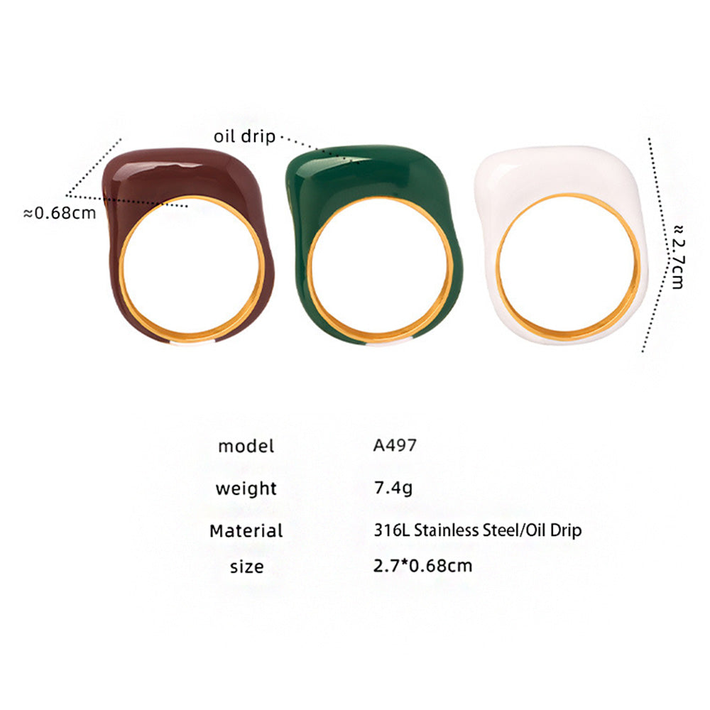 Close-up of a 316L stainless steel open ring with 18K gold PVD plating and candy-colored enamel finish, showing the adjustable open design and smooth metal texture, hypoallergenic and waterproof