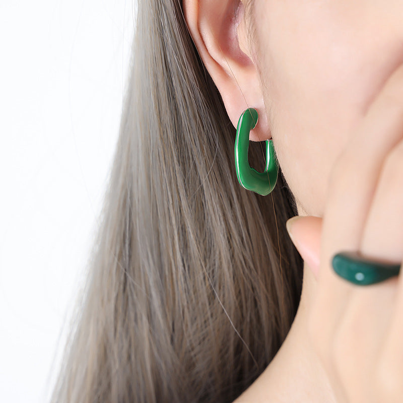 316L stainless steel geometric U-shaped green enamel earrings side view