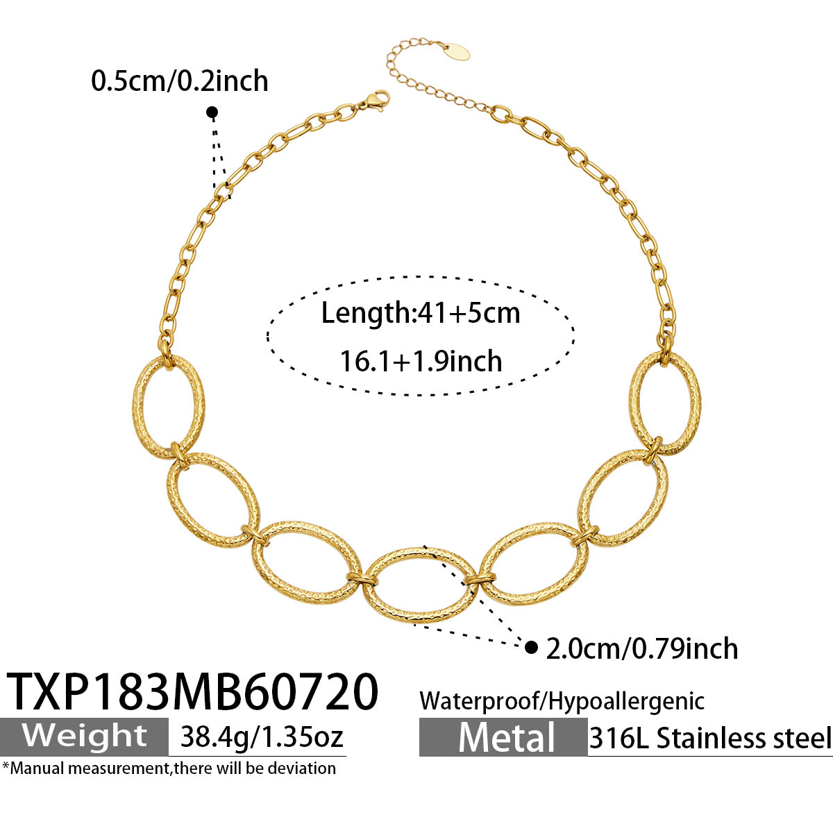 Product size and specification details for a 316L stainless steel gold chunky chain necklace
