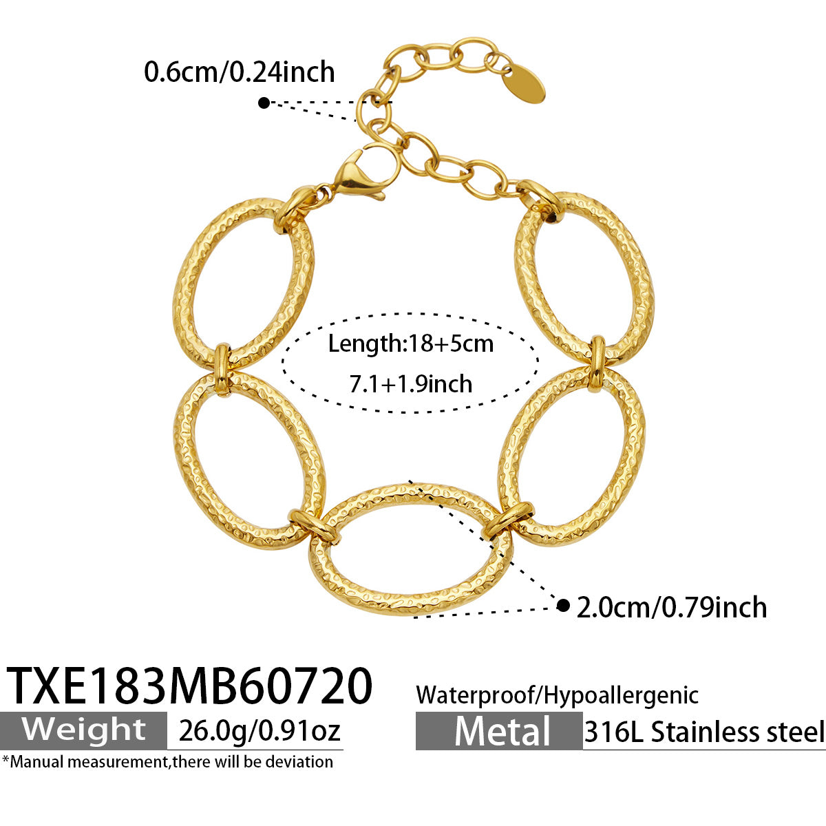 Product size and specification details for a 316L stainless steel gold chunky link bracelet