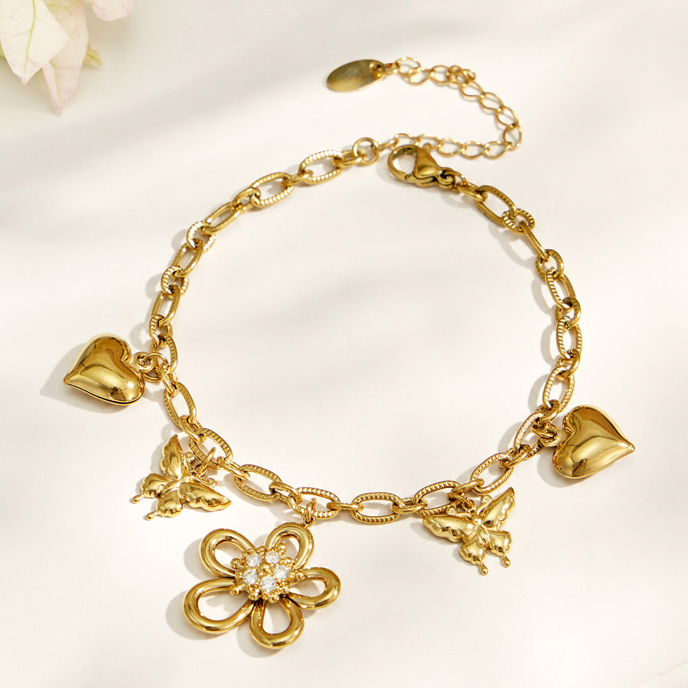 316L stainless steel gold floral butterfly charm bracelet with heart and flower pendants