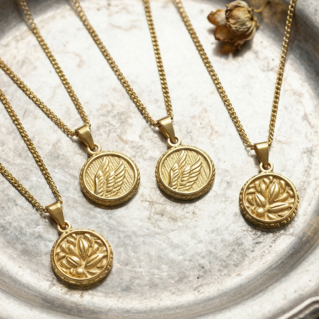 316L Stainless Steel 18K Gold Plated 3D Wing Relief Round Tag Pendant Necklace - Image 2