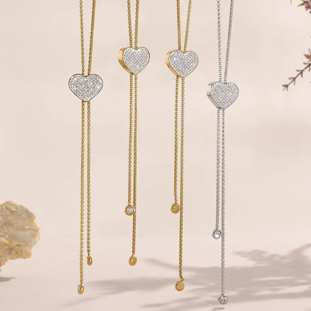 316L Stainless Steel 18K Gold Plated 5A Zircon Tassel Heart Long Necklace - Image 2