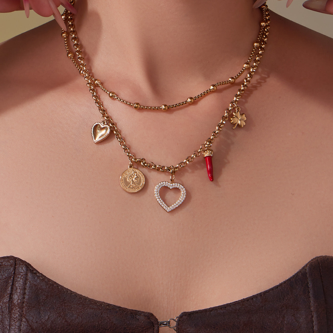 316L Stainless Steel 18K Gold Plated AAA Zircon Hollow Heart Four-leaf Clover Double Layer Necklace - Image 3