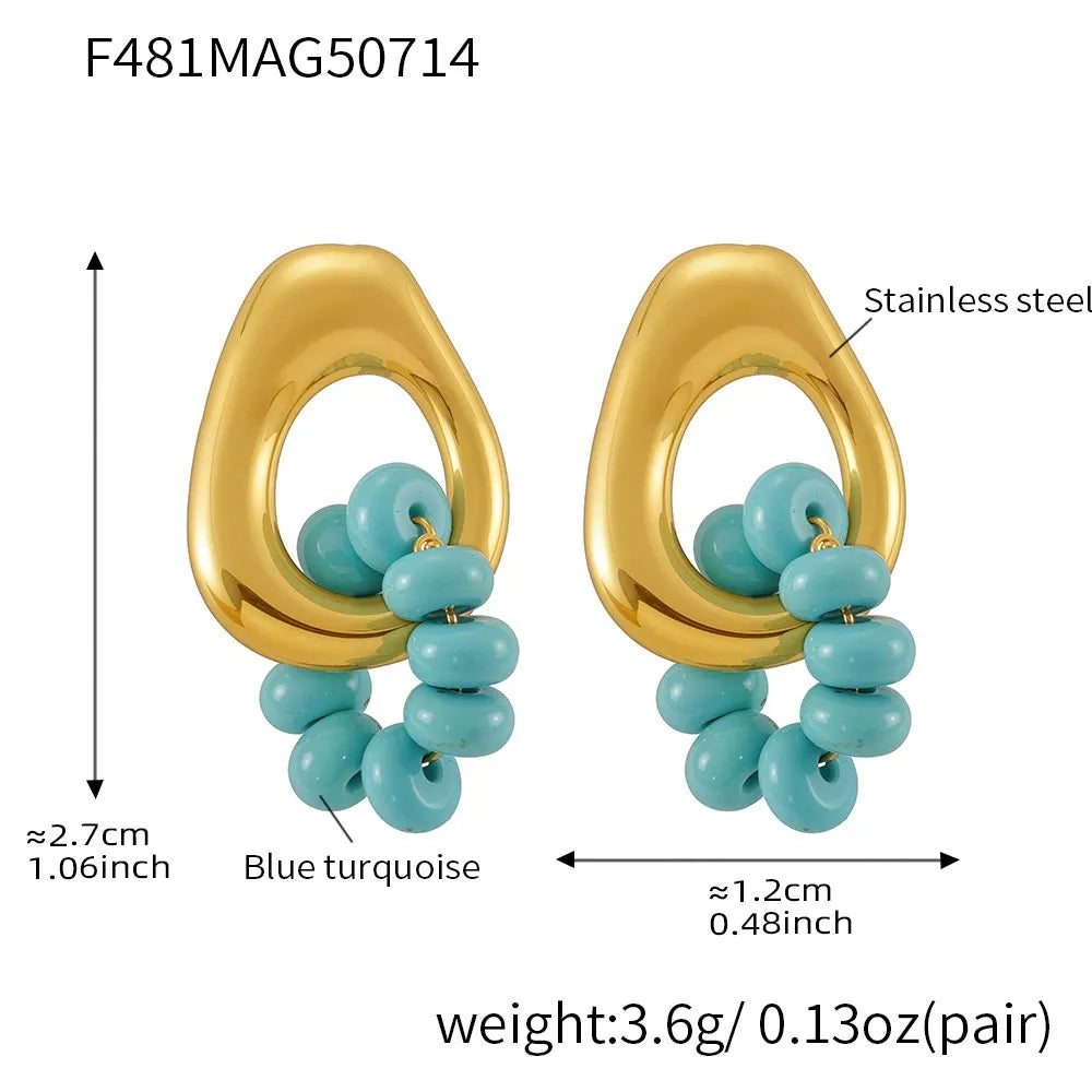 Size and weight measurements for the 18K gold plated stainless steel blue turquoise hoop earrings.