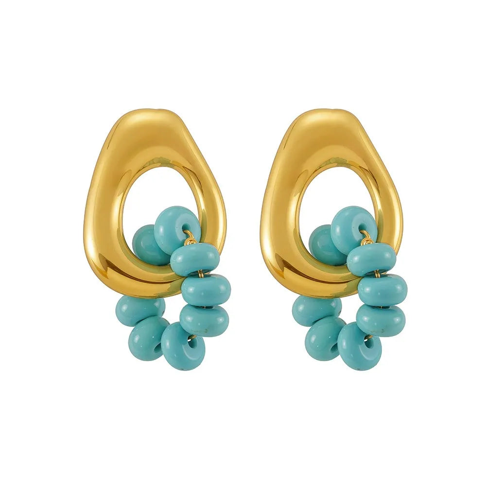 Wholesale 316L stainless steel 18K PVD gold plated blue turquoise beaded hoop hypoallergenic earrings.