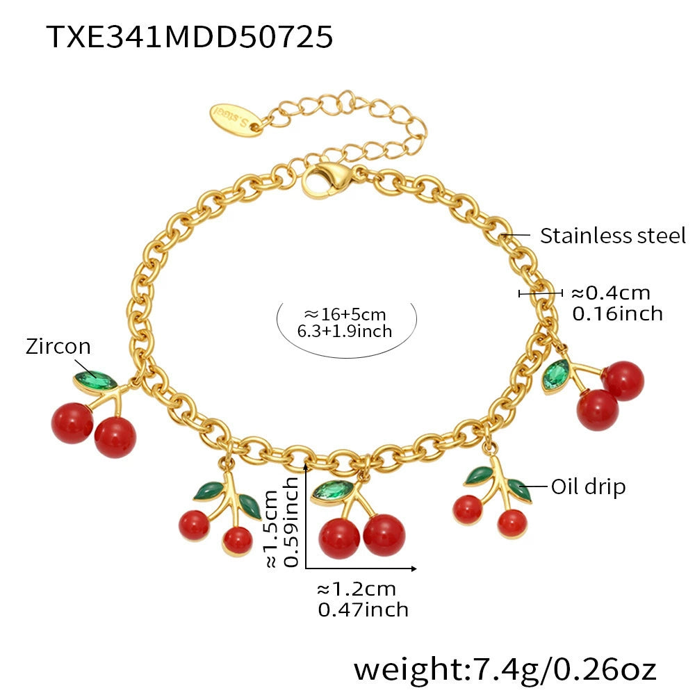 Product specification chart for the hypoallergenic cherry charm bracelet, highlighting the surgical-grade stainless steel material.