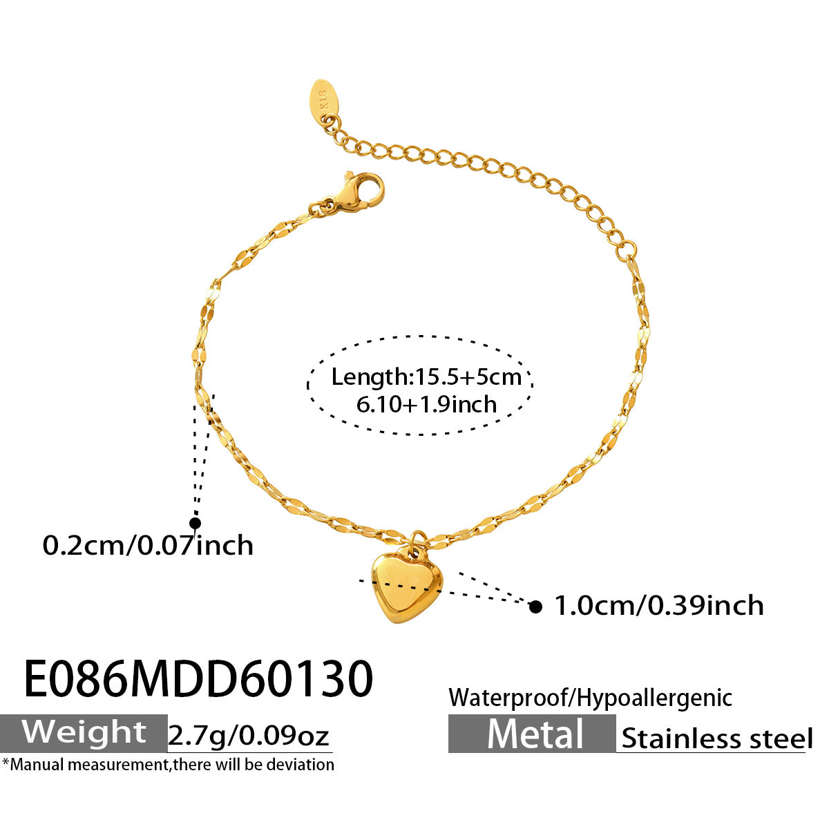 316L Stainless Steel 18K Gold Plated Chic Heart Pendant Bracelet - Image 6