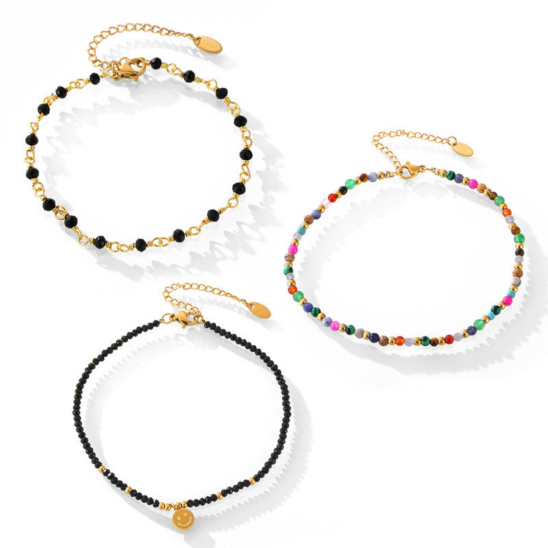 Three elegant gold beaded anklets on white background, 316L stainless steel 18K PVD gold plated minimalist summer jewelry wholesale
