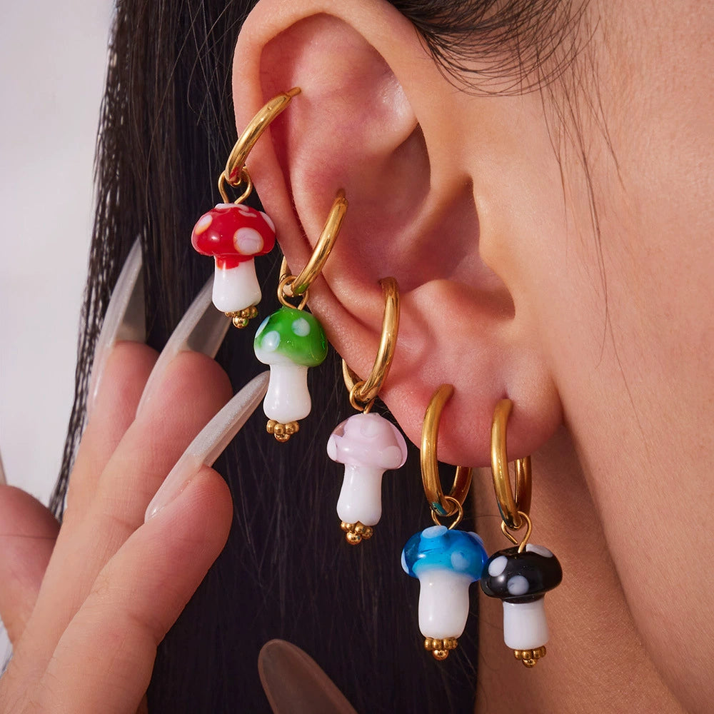 316L Stainless Steel 18K Gold Plated Dainty Mushroom Huggie Hoop Earrings - Image 9