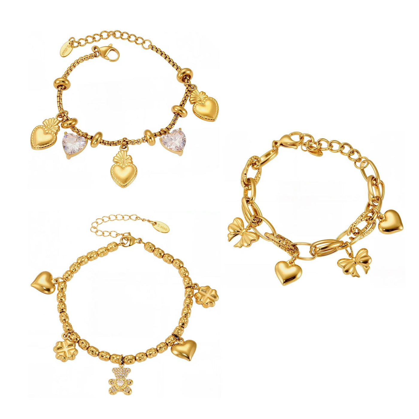 316L Stainless Steel 18K Gold Plated DIY Heart & Bear Charm Bracelet Set - Image 5