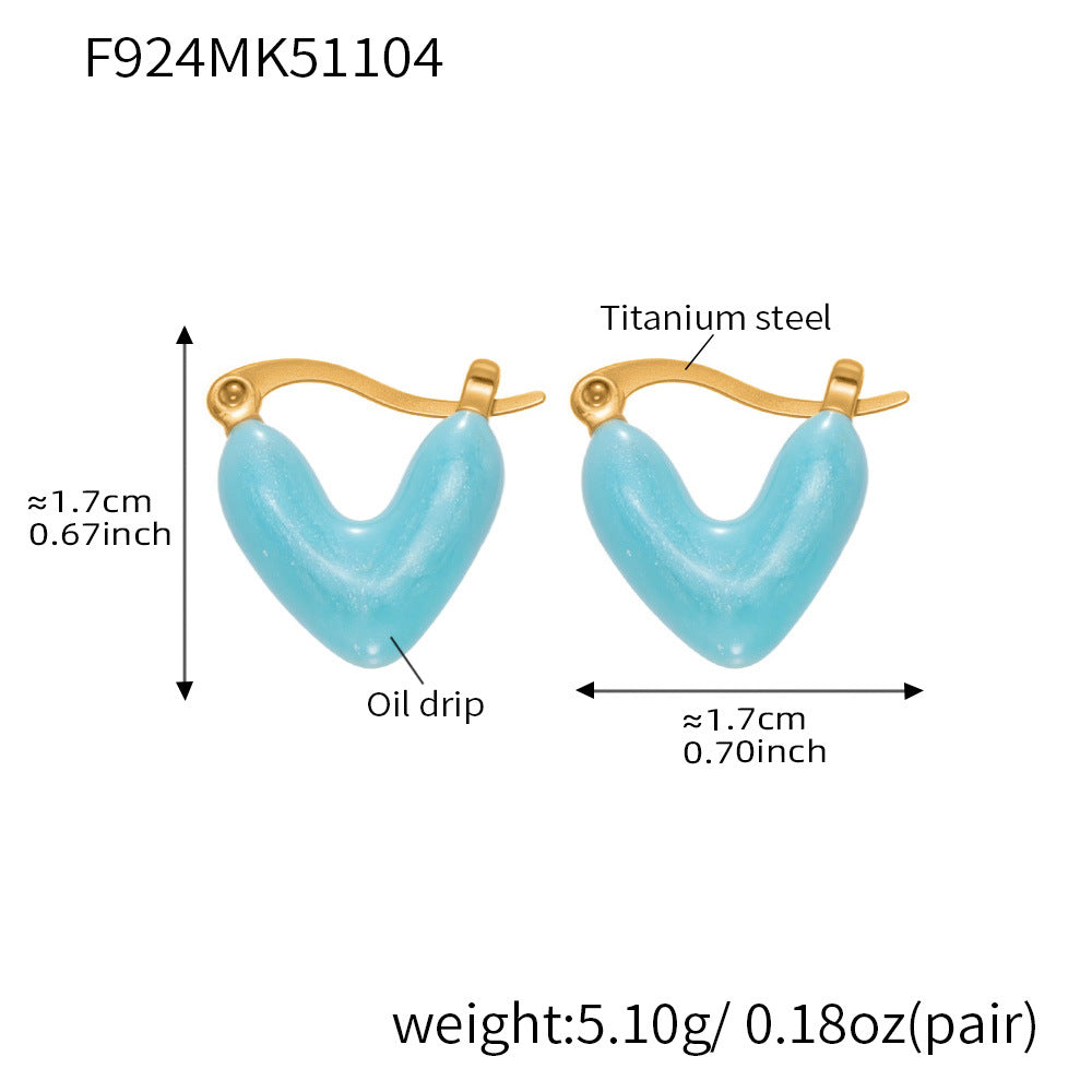 Product dimensions showing the drop length of the dainty pink and white enamel heart hoops.