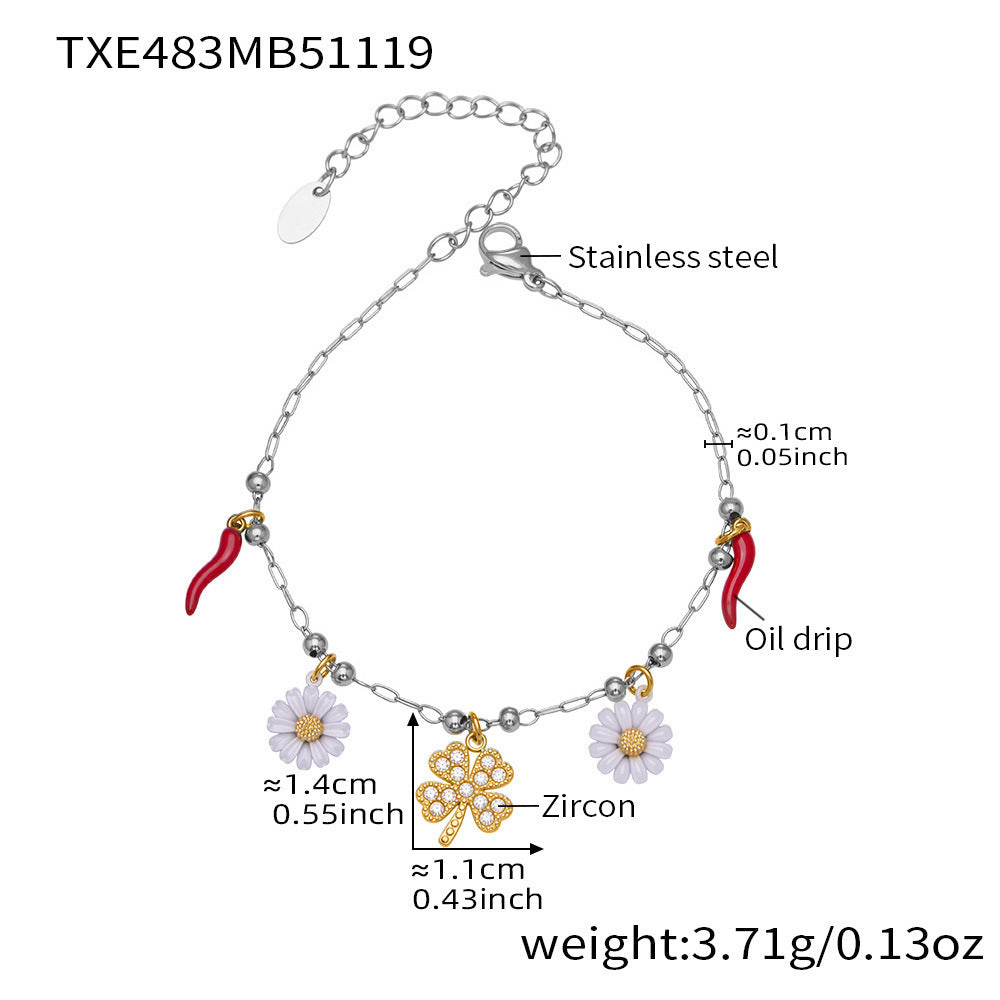 Technical dimension drawing for the 18K gold plated daisy necklace, highlighting the 316L stainless steel material and weight.