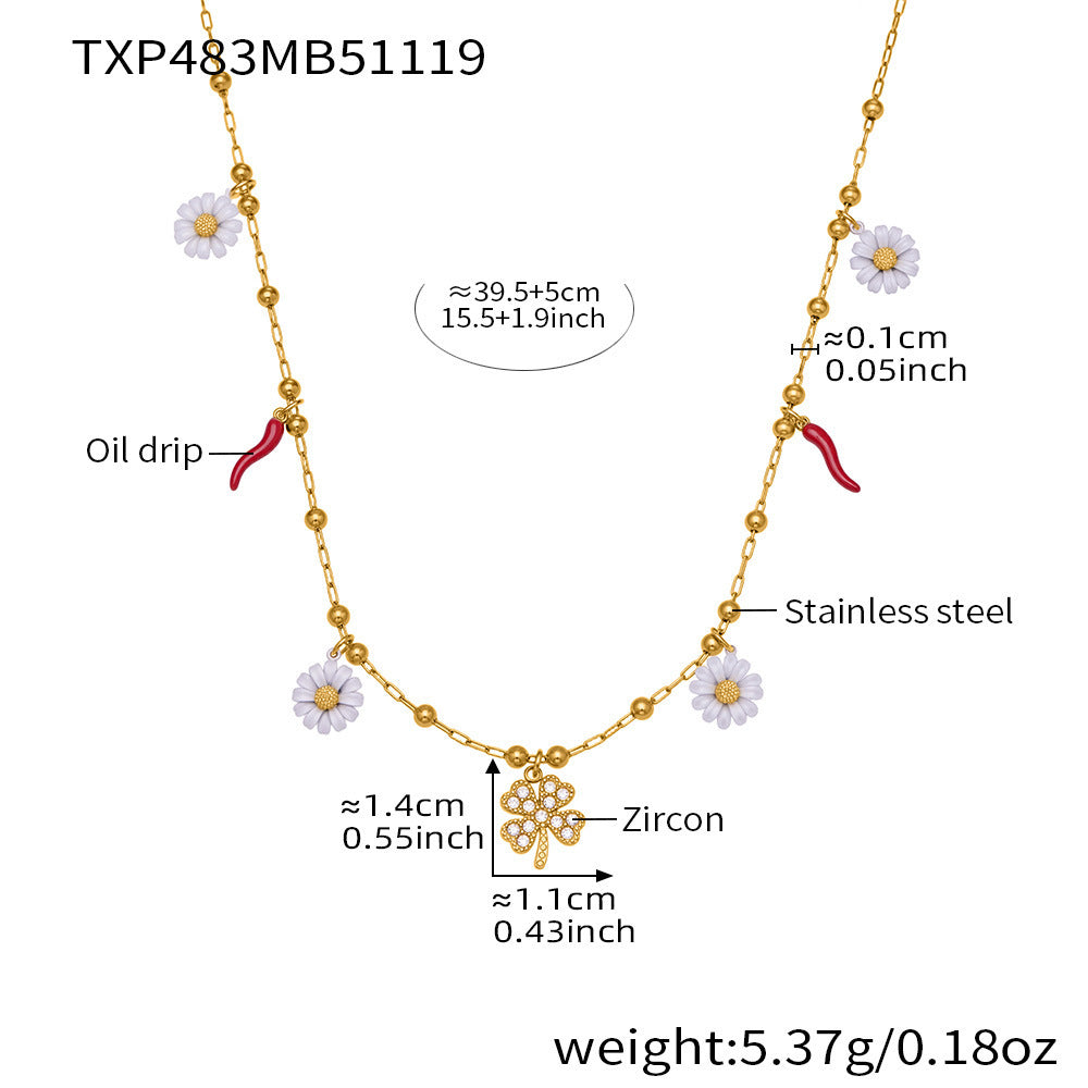 Product specification sheet for the hypoallergenic clover necklace with adjustable chain length for a perfect fit.