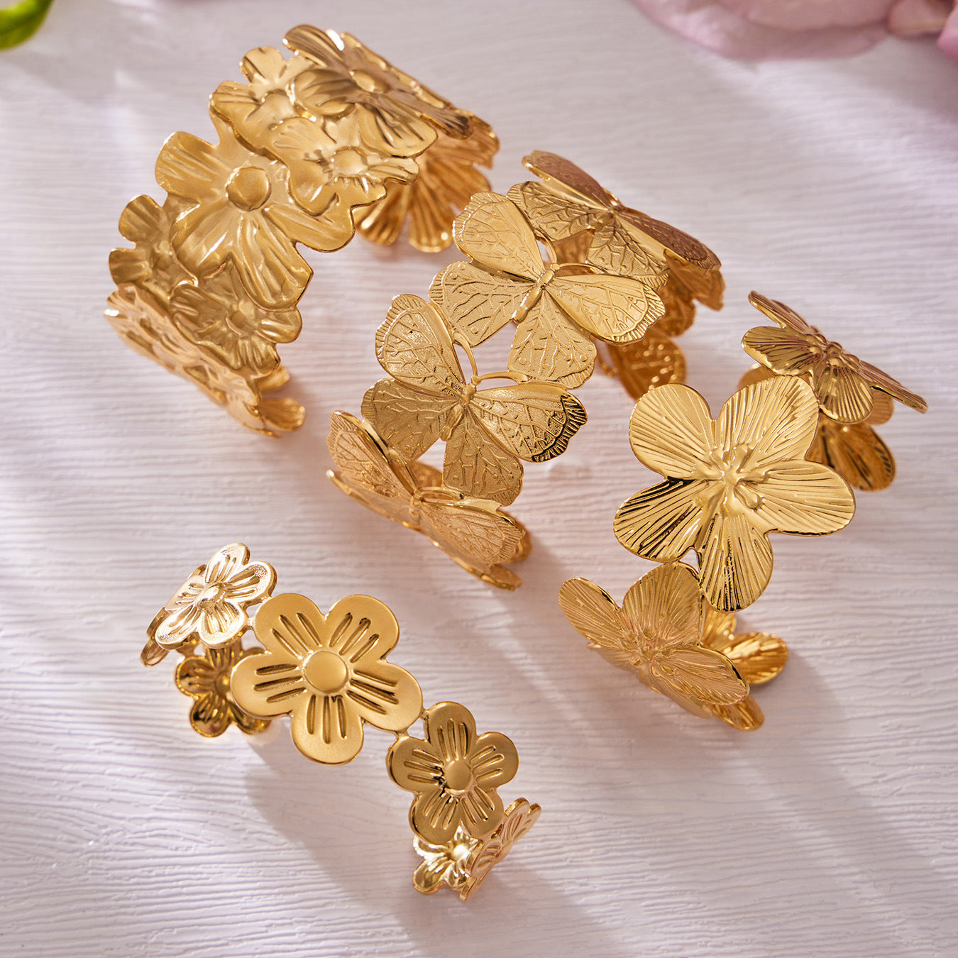 316L stainless steel 18K Gold Plated Filigree Floral Butterfly Open Bangle close-up detail view for wholesale bangle buyers