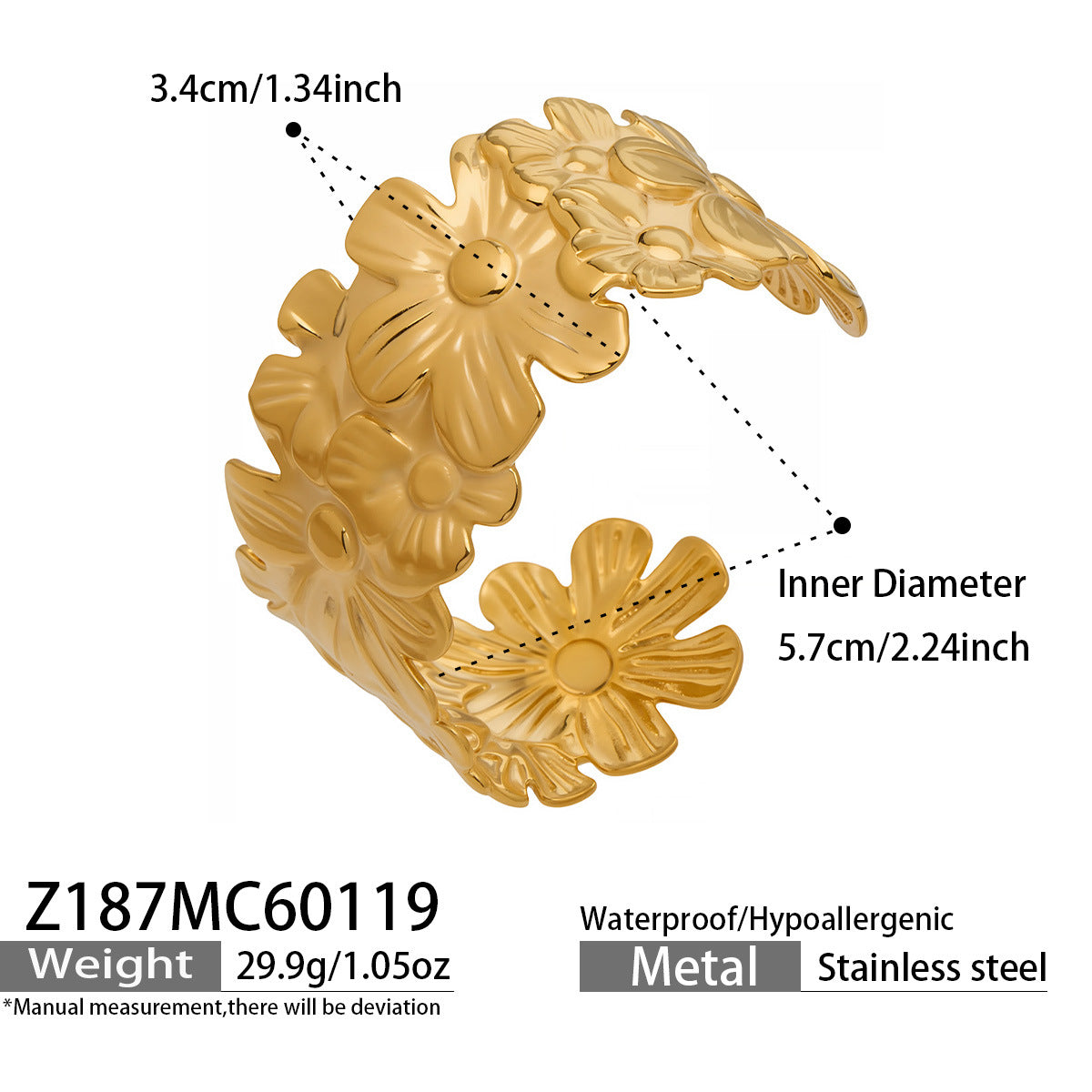 316L stainless steel 18K Gold Plated Filigree Floral Butterfly Open Bangle side detail view for wholesale bangle buyers