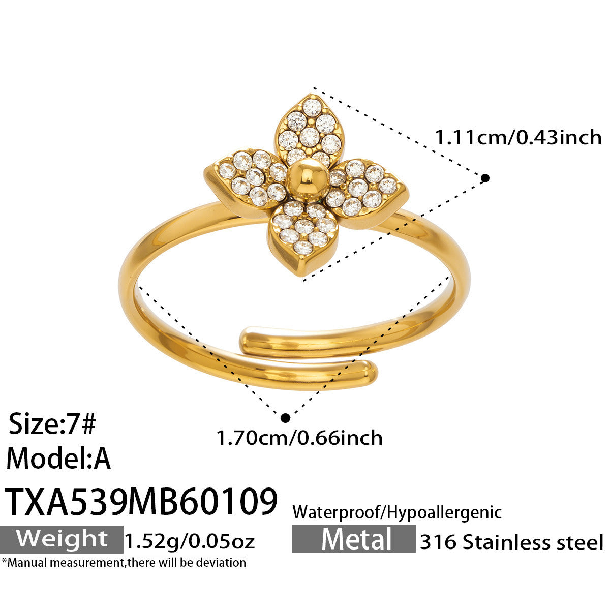 Technical dimension drawing for the 18K gold plated zircon flower ring showing adjustable size and material specs.